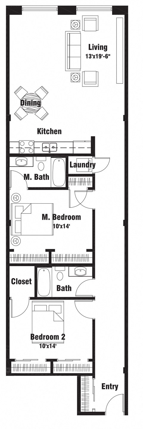 Floor plan for 2 beds, 2 baths, 1226 sqft